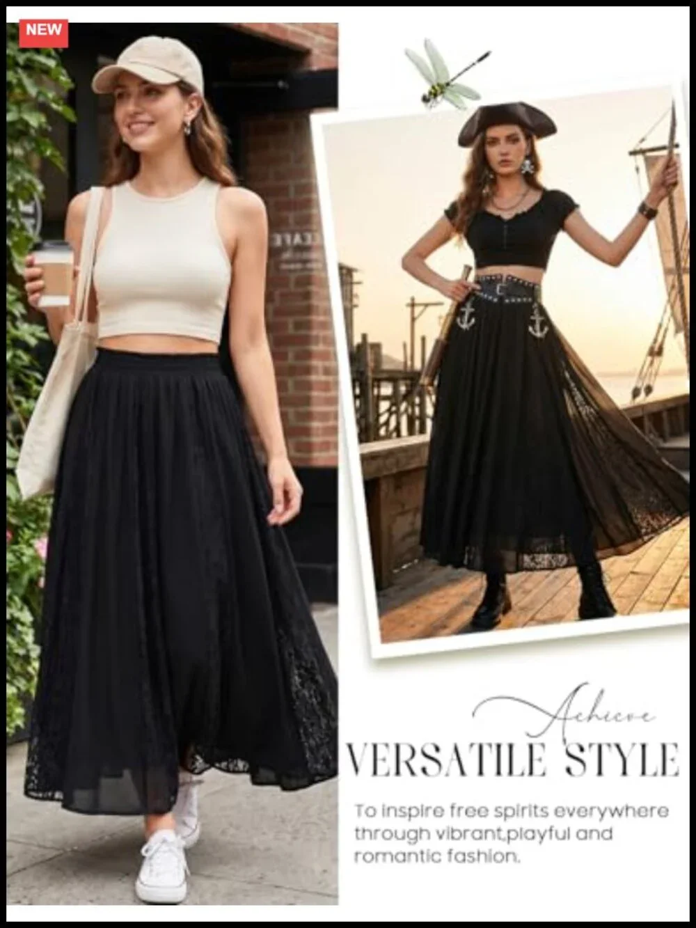 Women's Lace Maxi Skirt Flowy A-Line High Waist with Pockets Renaissance